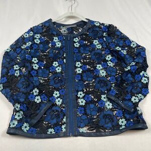 Bagatelle Floral‎ Lace Jacket Faux Leather Trim Full Zip Blue Black XL
